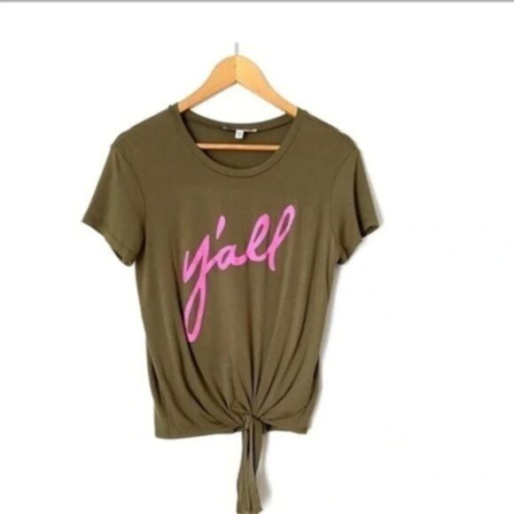 Express Army Green Tie Front Tee Short Sleeve Top y’all nwt large - Picture 1 of 8